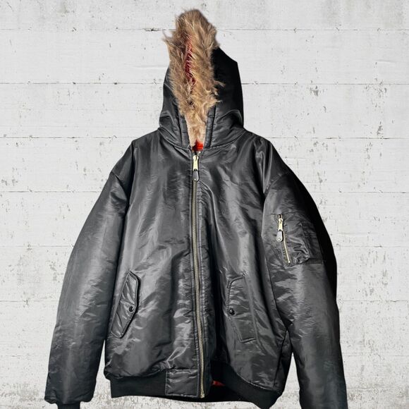 DELF Winter Coat Heavy Duty Military Retro Jacket Black Hooded Faux Fur Men's XL - Picture 12 of 12